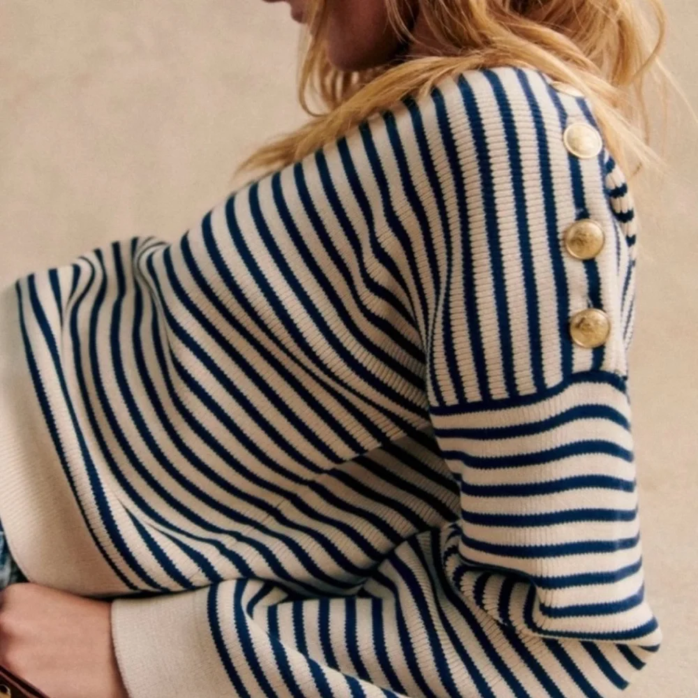 Sezane Cream and Navy Striped Crewneck Sweater with Pearl Shoulder Buttons - Picture 2 of 4